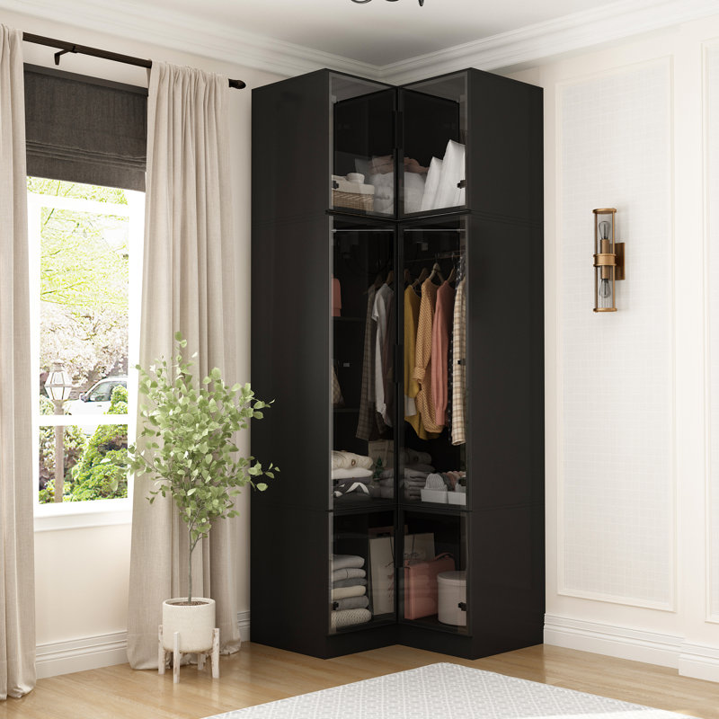 Tempered Glass Door Corner Wardrobe With Top Cabinet And Lights